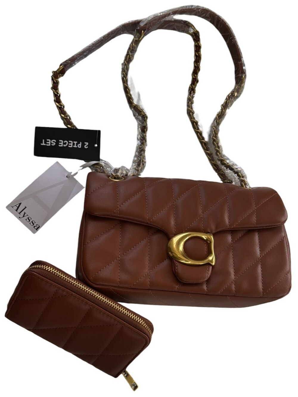 Alyssa Quilted Tan Crossbody Bag with Gold Hardware - 2-Piece Set